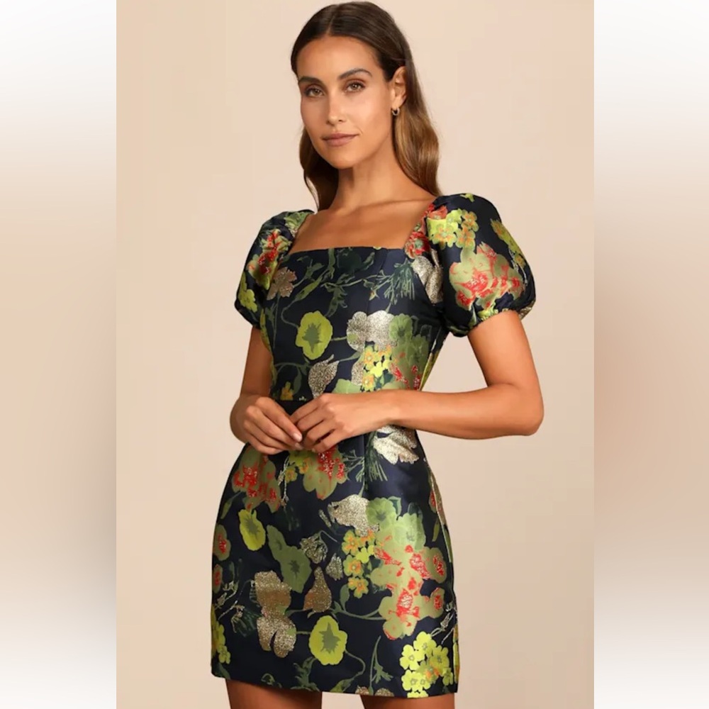 Lulu’s Navy Blue Floral Jacquard Puff Sleeve Mini Dress